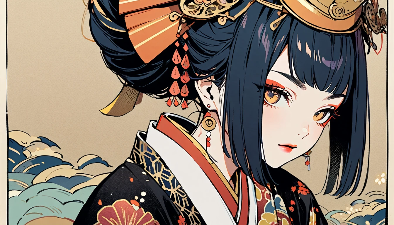(((1 girl))), (((Oiran))), (((Very flashy hair accessories))), (((Very fancy kimono))), Japanese style headphones, face close-up, Japanese Beauty, Black Hair, Delicate and precise, Modern ukiyo-e style, vivid color