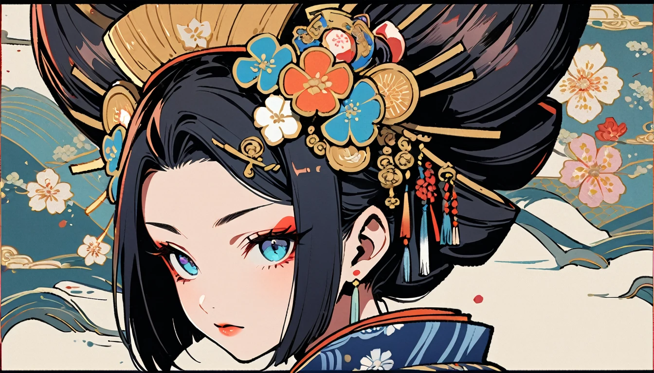 (((1 girl))), (((Oiran))), (((Very flashy hair accessories))), (((Very fancy kimono))), Japanese style headphones, face close-up, Japanese Beauty, Black Hair, Delicate and precise, Modern ukiyo-e style, vivid color