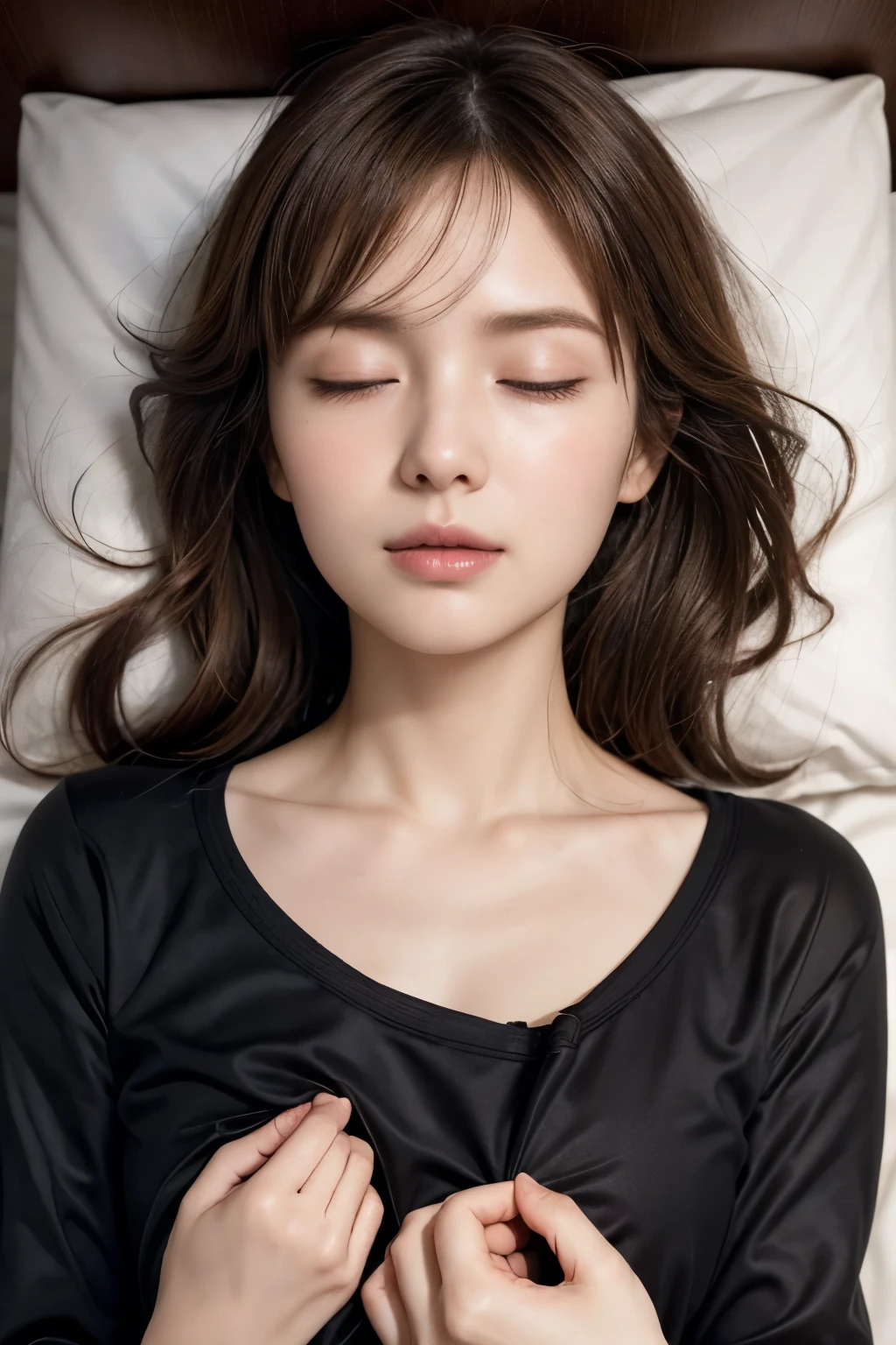 realistic figure, photogenic, short length light brown hair, beautiful white-colored translucent skin, a little sunburned, medium build a little bit chubbily figure, no-makeup, sleeping at night, sleeping-bad-position, tosses ands turns in sleep, closed eyes, small mouth, mouth is slightly open, small nose, smooth shaped jawline, face and jaw pointing upwards, glossy face, flushed cheeks, alittle sweating, wearing black pajamas, open at the chest widely, lying on own back on the bed and cuddling, room without light on and dark, close-up shoot, angle looking down from above