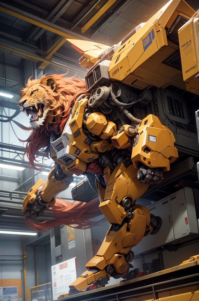 4k quality illustrations, with 4D high detail of science fiction theme full body biology long maned lion with giant mechanical body like gundam, The lion is running in a high-tech cooler. The dominant lion colors are red and gold, one shot photography angle