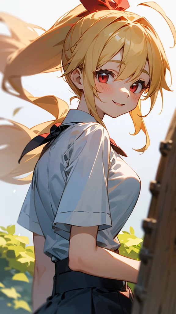 16-year-old girl、blonde、ponytail、Round red eyes、Ahoge、Small breasts、From the back、smile、white blouse shirt、Checked skirt、wood々Under the bright sunlight shining through、Sharp contours