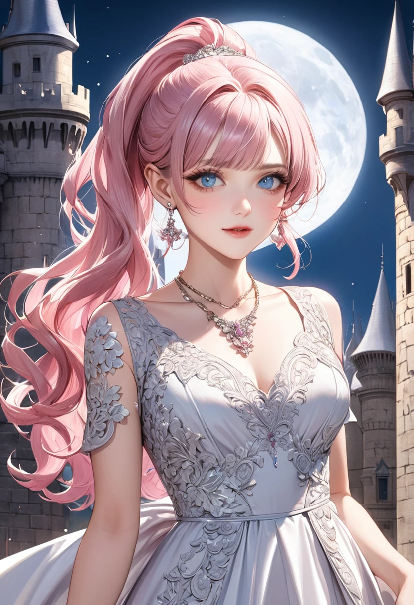 1 female Pink ponytail Pink eyebrows Dull light blue eyes Socialite debut Ivory long dress with silver embroidery Inside the castle full moon Gorgeous necklace with matching earrings Silver waist