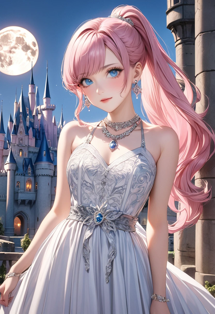 1 female Pink ponytail Pink eyebrows Dull light blue eyes Socialite debut Ivory long dress with silver embroidery Inside the castle full moon Gorgeous necklace with matching earrings Silver waist