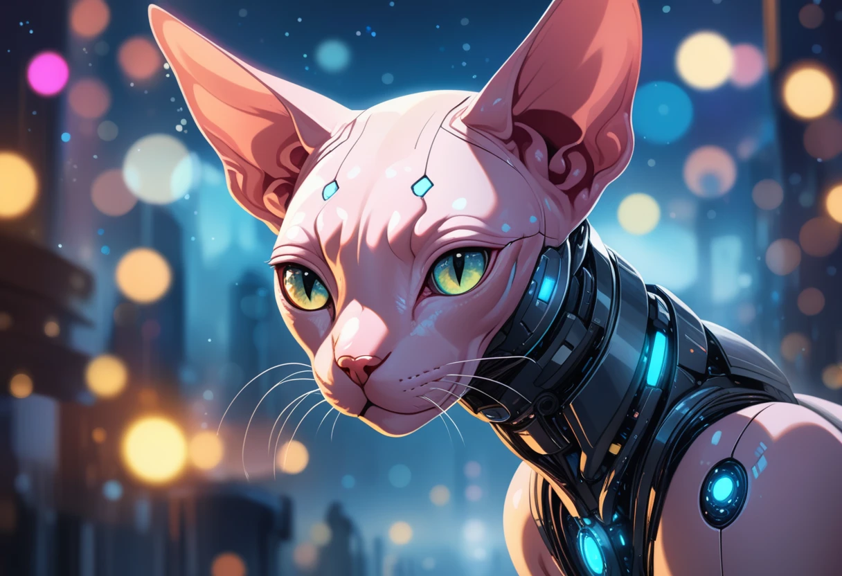 8K, RAW, best quality, masterpiece, ultra high res, colorful, portrait, (medium wide shot), (dynamic perspective), sharp focus , (depth of field, bokeh:1.3), extremely detailed eyes and face, beautiful detailed eyes,
sci-fi, digital art, robotic Sphynx Cat, dressed in good-looking appealing cybernetics, Foggy conditions, dramatic lighting, science fiction, drawing, cyber