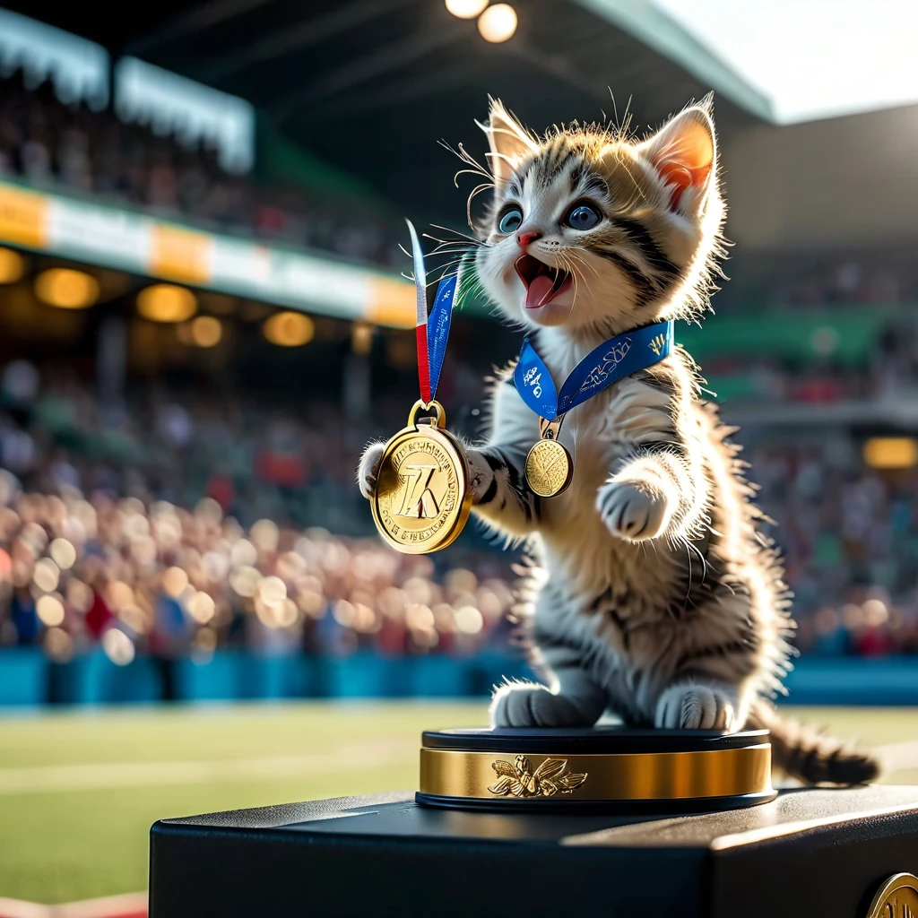 ((8k)), highest quality, 超High resolution, (High resolution), Kitten standing on the podium,Awarded,Biting the gold medal, Loud cheers from the audience, Athletics Stadium