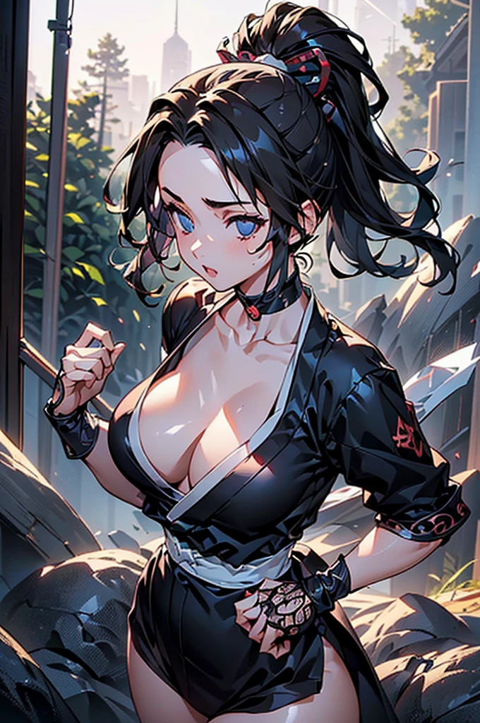 (((beautiful))), ((Ninja, Female ninja, Japanese style)), One Woman, Black Hair, ponytail, hair ornaments, Huge breasts, Cleavage, Thigh, clavicle, knife, ((((Glowing Skin))), (((Intricate details))), High resolution, ((Intricate details, Ultra-detailed)), whole body, Are standing, Perfect Fingers, Dark Room