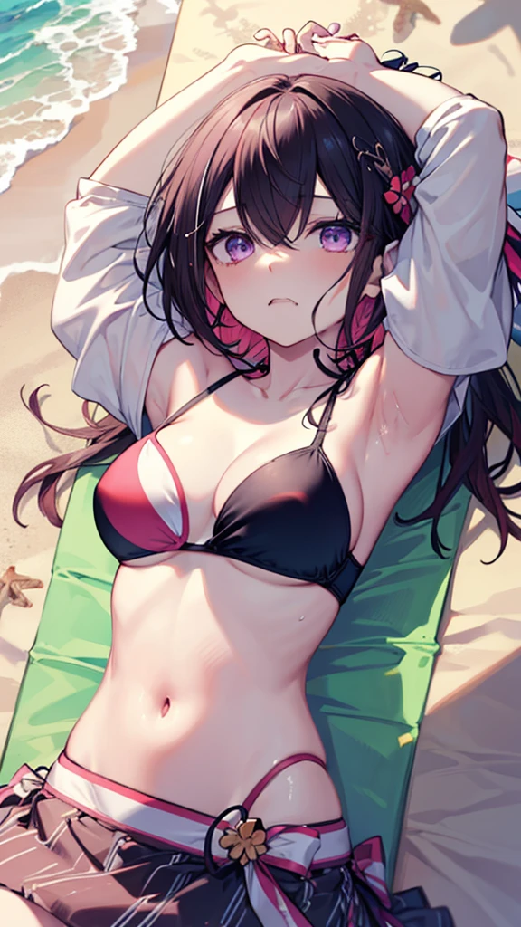 (best quality:1.2), (ultra detailed:1.2),(masterpiece:1.2),(8k:1.2),(Blessed,Captivating body、Ultra detailed hands、Ultra-detailed eyes、Ultra-detailed skin、ultra-detailed face,Detailed Background),One Girl、(sandy beach ,lie down,arms up:1.5), (craving, ecstasy:1.7),(off shoulder bikini:1.7), azki_(hololive) , 1girl, 独奏, multicolored hair, pink hair, purple eyes, black hair, dress, hair between eyes