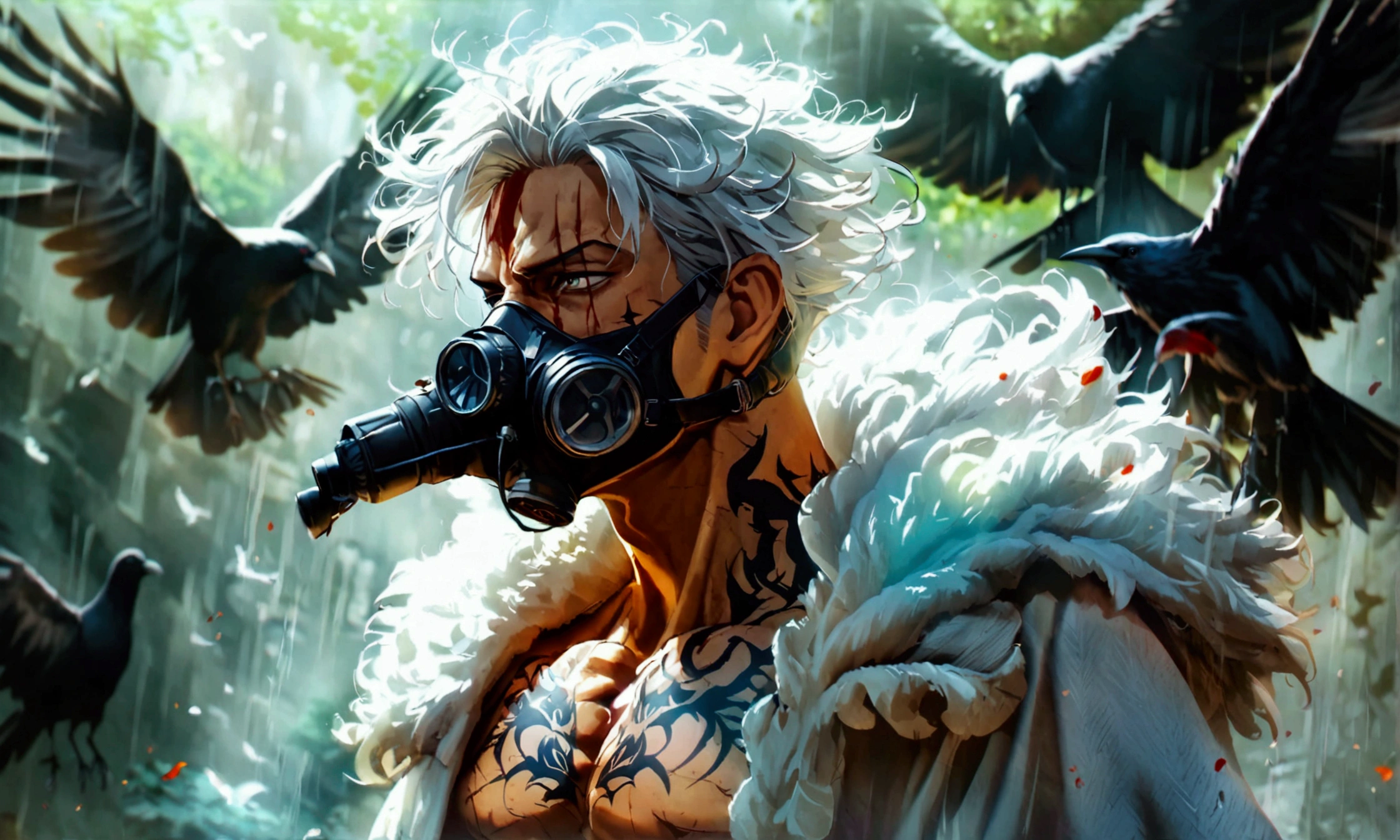 Man, muscular, medium-length white hair, bloodthirsty look, loose white pants, black fur cloak, gas mask, black smoke around him, crows around, scars on his body, crow tattoos, blood all over his body, "Anime character design inspired by One Piece, full of dramatic and impressive lighting, focus on the centralized character, impressive face, full of creative details, ultra-fine 4K design, scenery bathed in creativity, boasting 2D anime resolution clarity, HD anime graphics, high-octane rendering"