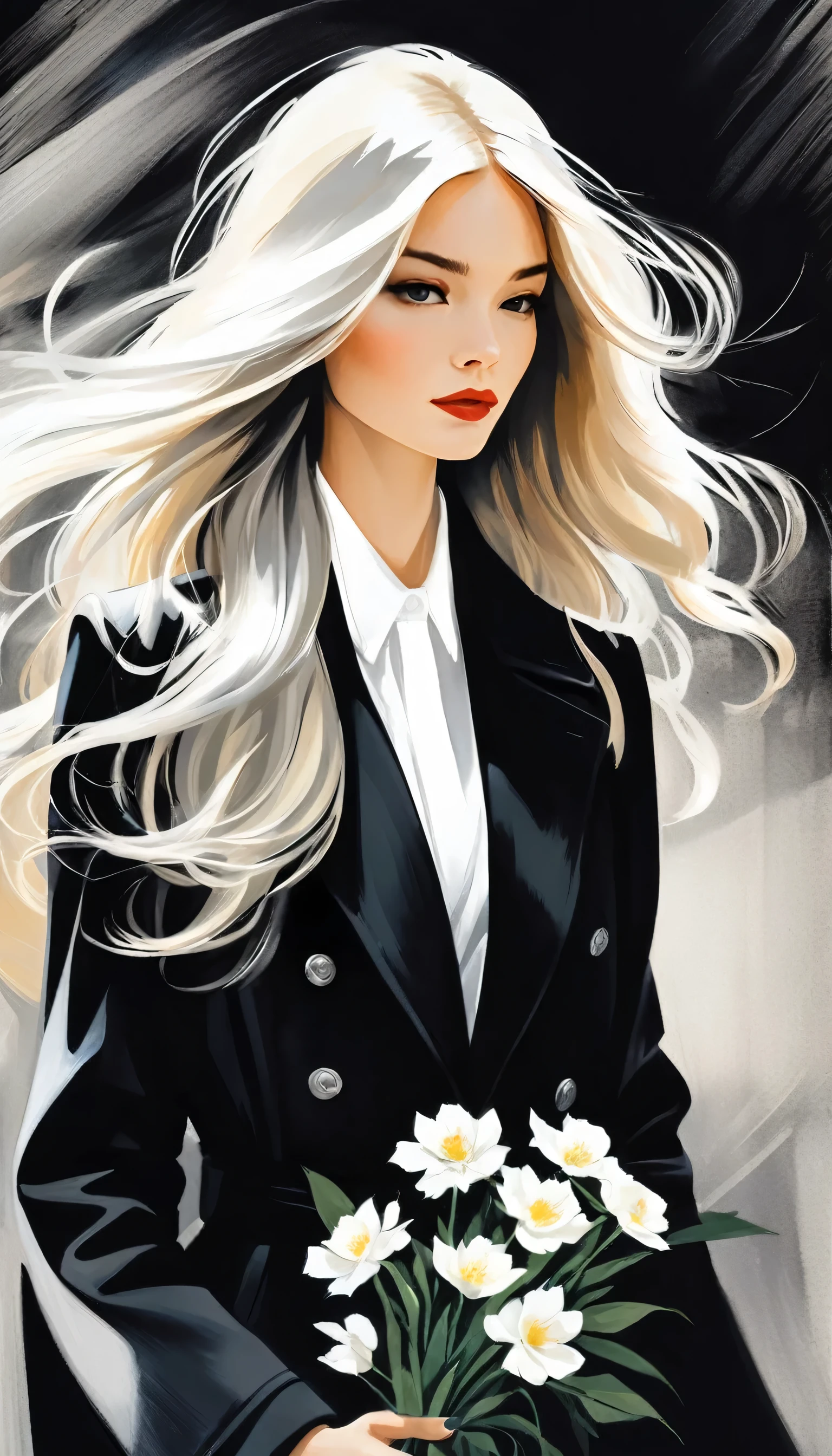 in style of Lillian Bassman,(in style of by Liu Ye:0.5),in style of Raymond Pettibon,
((masterpiece, best quality)),(illustration),(detailedLight),((Extremely exquisite and beautiful)),Character design illustration,1 Girl,Black long trench coat,White shirt,White collared flowers,Long hair,Silver long hair,Dark shadows,adjusting_scarf,print_scarf,