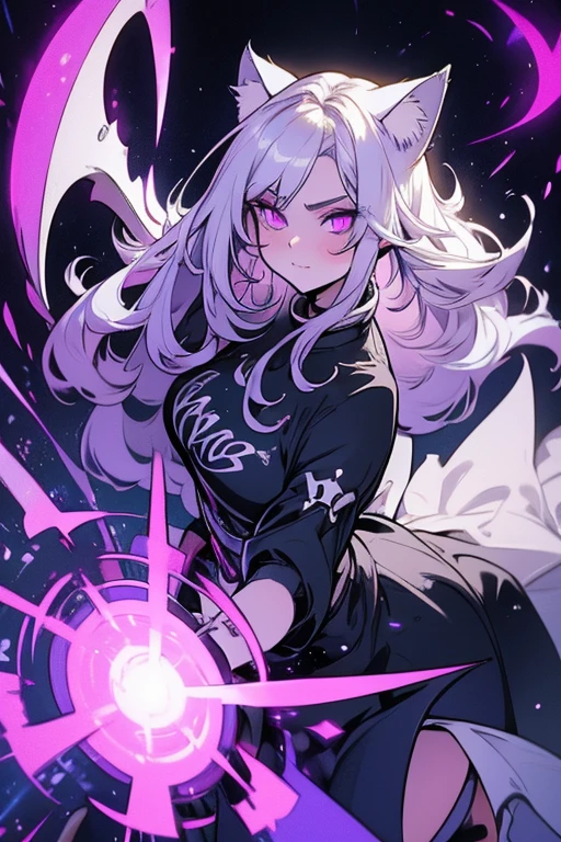 Perfect face. Perfect hands. A young silver haired woman with violet eyes and silver cat ears and a silver cat tail in a Gothic sweatshirt dress is spinning her scythe in the cemetery