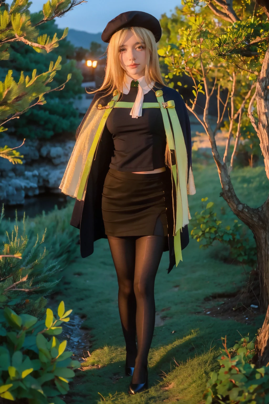 1 girl, best quality, ((Miyo)), tarankaaa, perfect face, NOT Dasha Taran, beautiful smile, 30 years old, ((ascot,uniform, black skirt, cross, ribbon, gold blonde hair, emerald, beret, cape, pantyhose)), ((perfectly drawn hands)), perfect body, bare tree, bush, fog, forest, grass, nature, outdoors, plant, scenery, solo, standing, tree, 32k photograph, ((perfect eyes, detailed eyes,realistic eyes)), ((sharp face, detailed face, realistic face, natural skin, realistic skin, detailed skin, pores)), full body, tone mapping, asian-european, ((masterpiece)), ((highres)), ((detailed background)), japanese village background, night, big proportions, (abdomen is covered)
