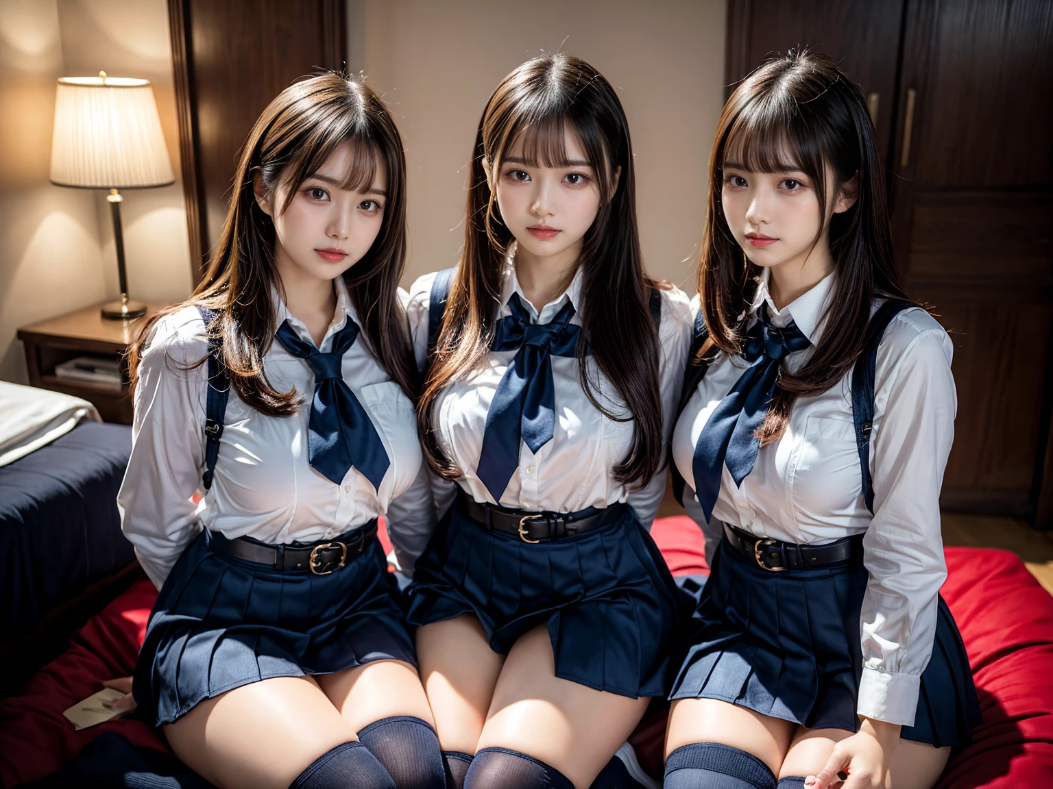 (8K, Raw photography, top-quality, masterpiece:1.2), master piece, best quality, illustration, Super detailed, fine details, High resolution, 8K,wall paper, perfect dynamic composition,(Details High quality, realistic depiction of eyes:1.3), ((2 girls, 2 schoolgirls)), The background is a luxury hotel room、High school girl uniform、blazer 、Super Short Check Uniform Skirt、Navy blue high socks、garterbelts、Colossal tits、Disturbed uniform, Play with each other,Touching each other's bodies,Touching the body of the girl next door, short bob hair, black hair color, huge breasts, Big Natural Color Lip, bold sexy pose, (perfect body shape), crying a little、cold gaze, Beautiful makeup,glitter makeup,Cutest 18 years old, beautiful legs, hposing Gravure Idol, Voluptuous thighs