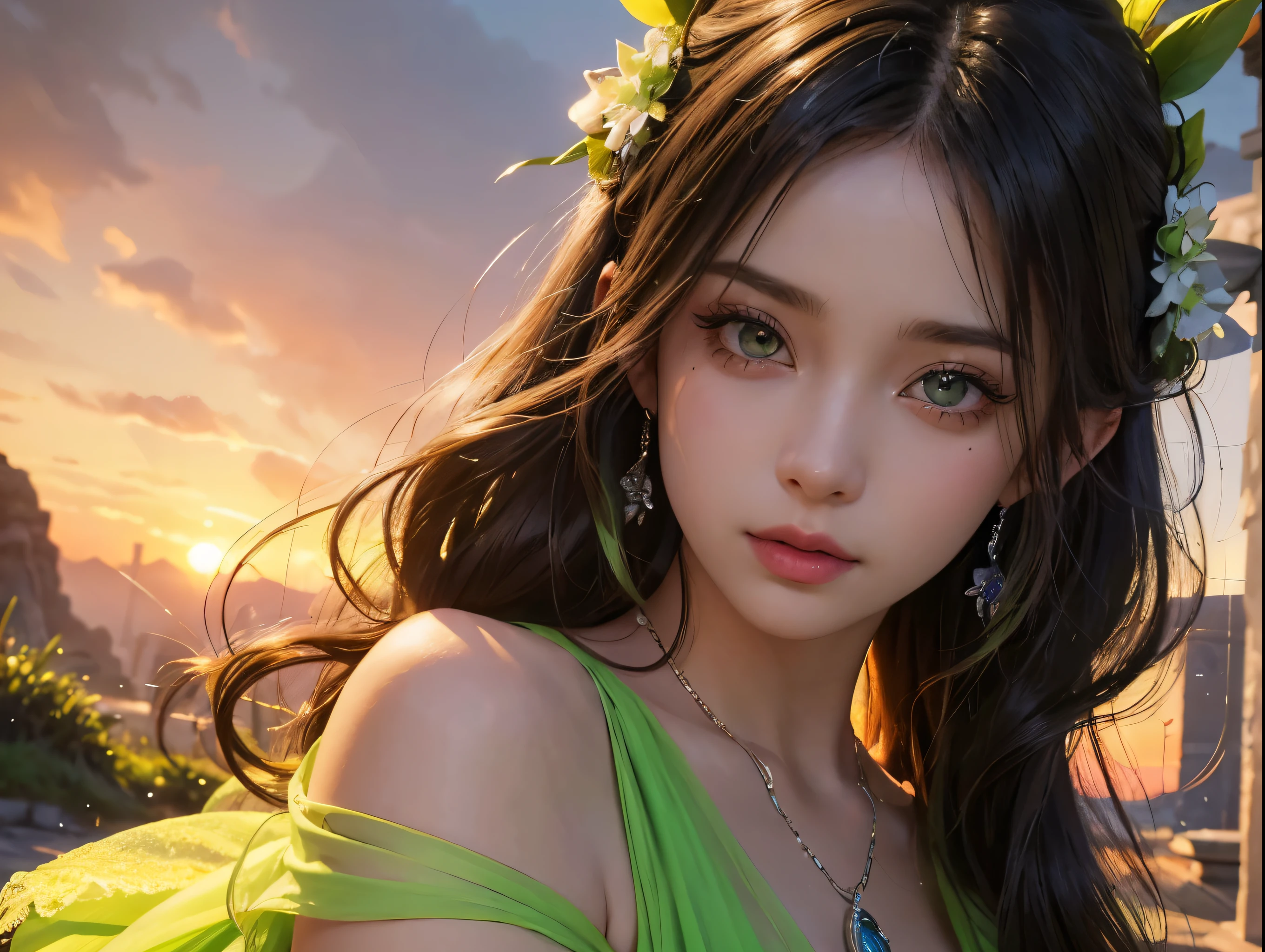 a girl wearing a lime green dress, beautiful detailed eyes, beautiful detailed lips, extremely detailed face, long eyelashes, photorealistic, cinematic lighting, fantasy landscape, lush nature, sunset, colorful, vibrant colors, highly detailed, intricate, masterpiece, 8k, HDR