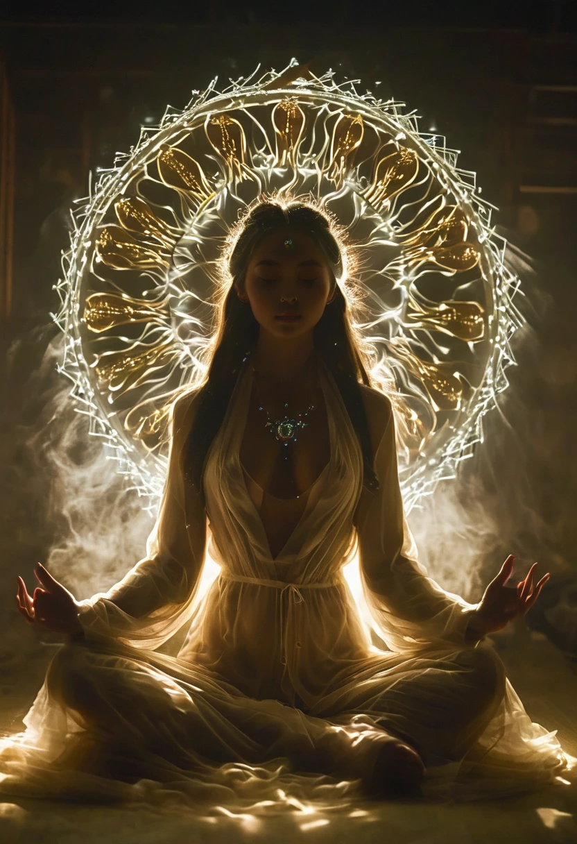 Full body photography of girl in lotus pose,Raw, Lenses, (Clear focus:1.5), (Reality:1.4), Dusk lighting, Volumetric Lighting, Ultra-high resolution, 16K,Dramatic Lighting, White background:1.5)(tangled,Mandala,Tangle,Entanglement:0.7)Fox Demon,Fox Mask,Short coat, Foxfire Curse, fox family, Transformation, Depth of Field, Dreamy atmosphere, The most beautiful form of chaos, grace, Dark theme of Fauvist design, Flower of Death, Flowers of ecstasy,Glowing Line,Glow Example,Tracking Example,flash, Backlight,translucent,Light Particles,Xianxia