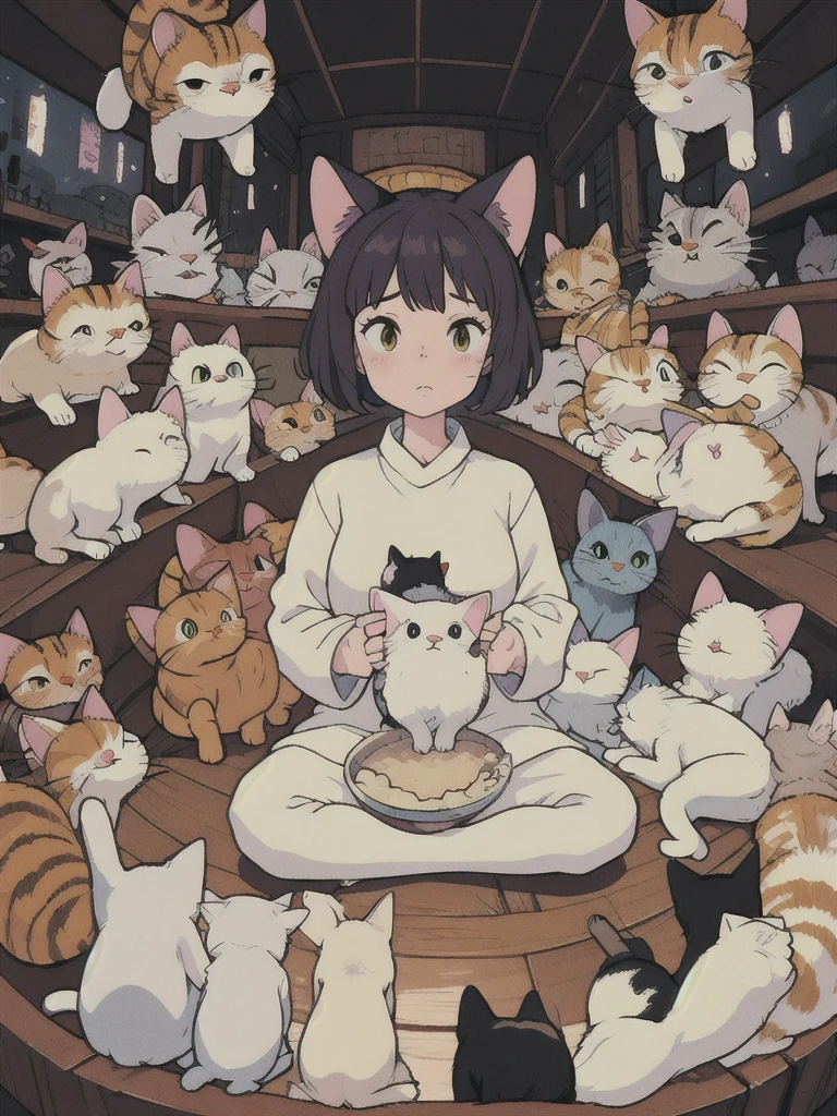 (masterpiece、Highest quality)、1 cat-eared lady、Surrounded by 100 cats、Look at the audience with a straight face、