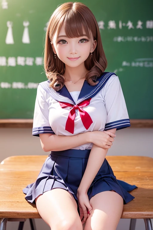 ((Sailor wear、Sailor Costume、Sailor Uniform、high school girl、Sailor suit、Red ribbon、Short sleeve、Navy pleated mini skirt with slit))、1 girl、Bob Hair、Brown Hair、Medium breast、smile、masterpiece:1.3、Raw photo、Highest quality、indoor、classroom、Sit on a chair、You can see the blackboard、Detailed Background、(Anatomically correct arms and legs、Anatomically correct fingers、Beautiful hands and fingers)、