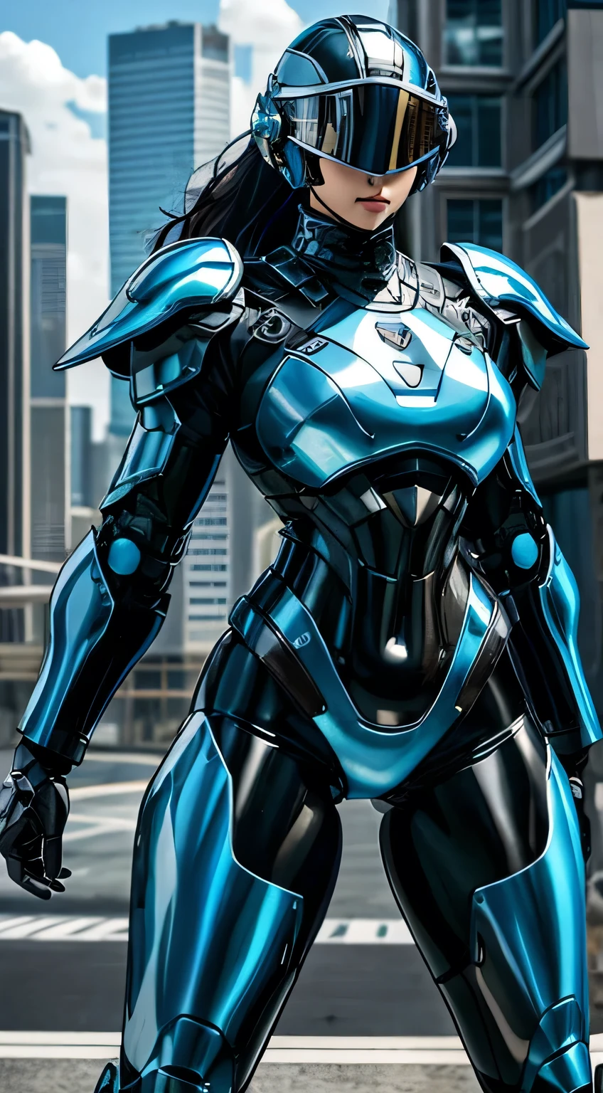Female Robocop Solo、Bright outdoors、strong light source、8k, high quality, masterpiece, 最high quality, Crisp contrast、Very detailed、Full body armor、Very large armor、Helmet covering the head、Clear photos、The eyes are hidden by thin, translucent straight goggles.:1.3、The lower half of the face is raw々Shii:1.5、The lower half of the face is exposed、Seductive lips、Light blue and black metallic armor、Black accent color、Armor that completely covers the chest、Long, slender legs、Vibrant Posselo Body View,Big and ample breasts:1.5, (Sports Body:1.5)、Five Fingers、Hold a handgun、In the city