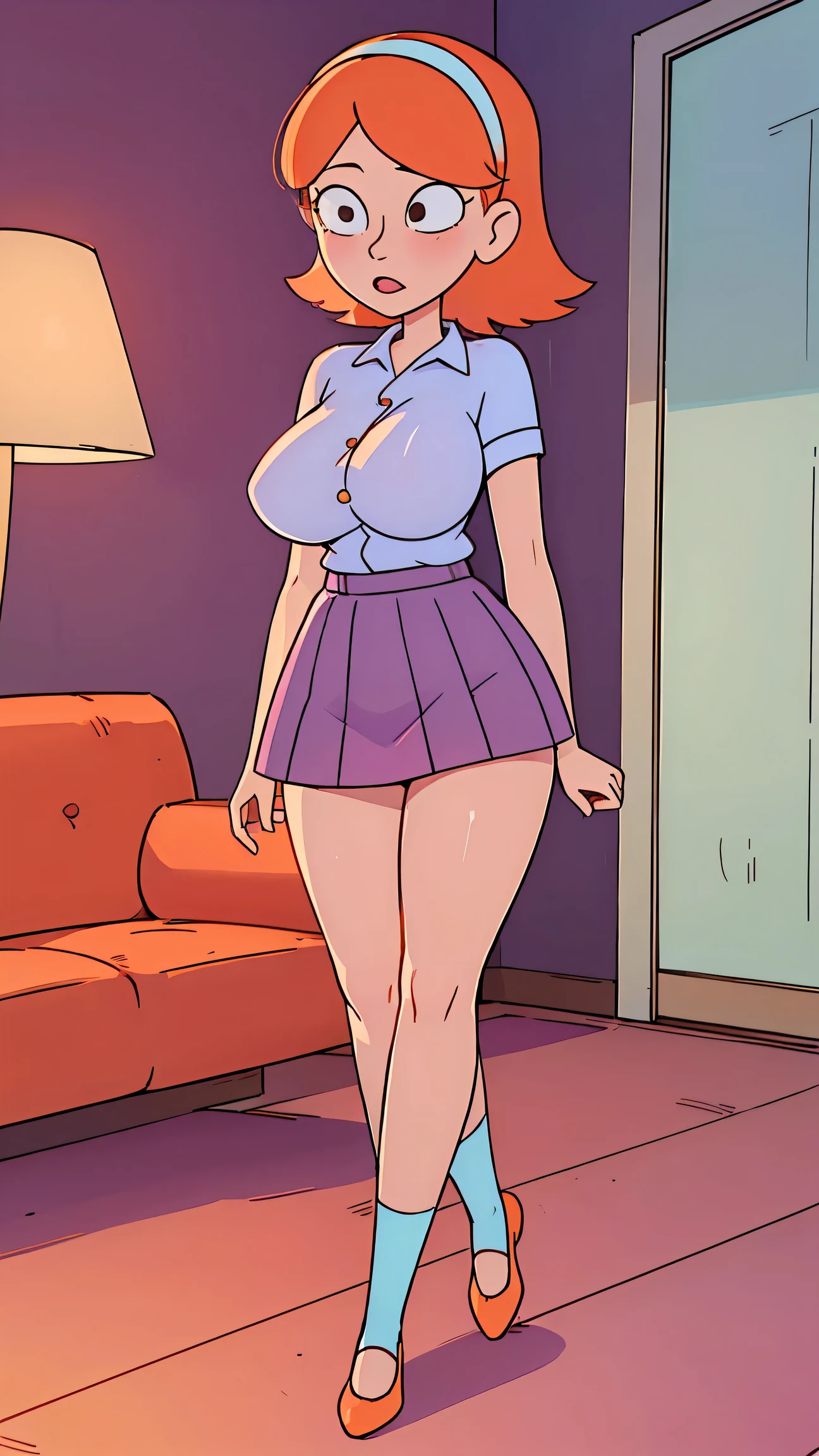  a  girl sexy attractive beautiful cool popular short orange hair disheveled cut light red lip wears long light blue button shirt sensual curves and a short purple miniskirt pair short blue socks legs white heel she walking living room class, huge breasts, lifting skirt, tall