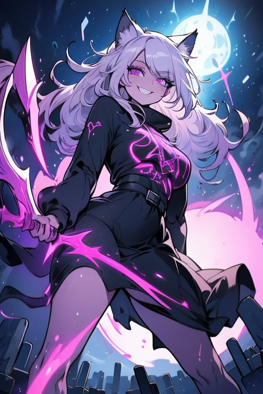 Perfect face. Perfect hands. A young silver haired woman with violet eyes and silver cat ears and a silver cat tail in a Gothic sweatshirt dress is spinning her scythe with a big smile in a cemetery