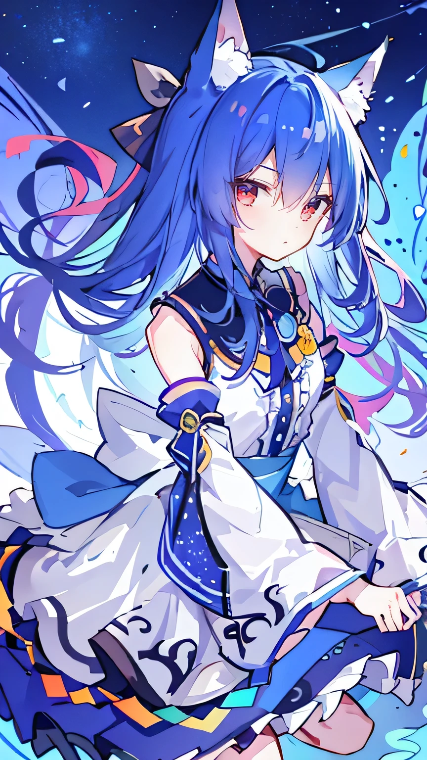 (masterpiece:1.2),Super detailed,lifelike,Expressive eyes,fair skin,perfect face shape,1 girl,
Japanese comics,Gorgeous blue hair,flowing blue hair,flowing clothes,Cat ears,Petals fall,beautiful lola,Baby Angel,
.1girll, themoon, The bird, star_\(Skysky\), long_hair, starry_sky, ((Blue_hair))), critters, Wide_sleeves, natta, florals, night_sky, embrace, very_long_hair, full_moon, looking_at_viewer, ribbon_trim, Ribbon trimmed_sleeves, long_sleeves, a skirt, red_eyes, solo, japanese_clothes, Skysky, fox ear, fox tails, girl fox,