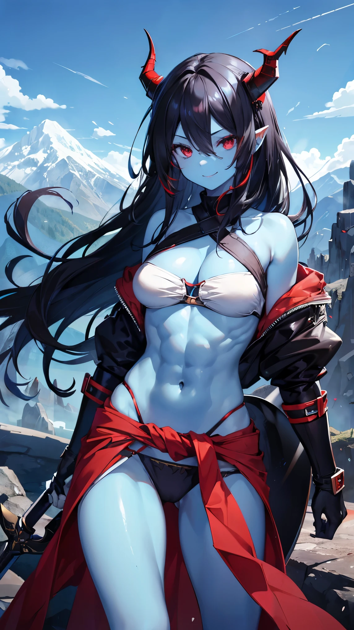 High resolution,high resolution,Girl,(,Blue Skin,Zambara-hair,Black Hair,Long Hair,)Red Eyes,smile,Demon Horns,boyish,slender,Mountain trail,Toned body,Abdominal muscles,Tube top,Huge Weapons,Loincloth,