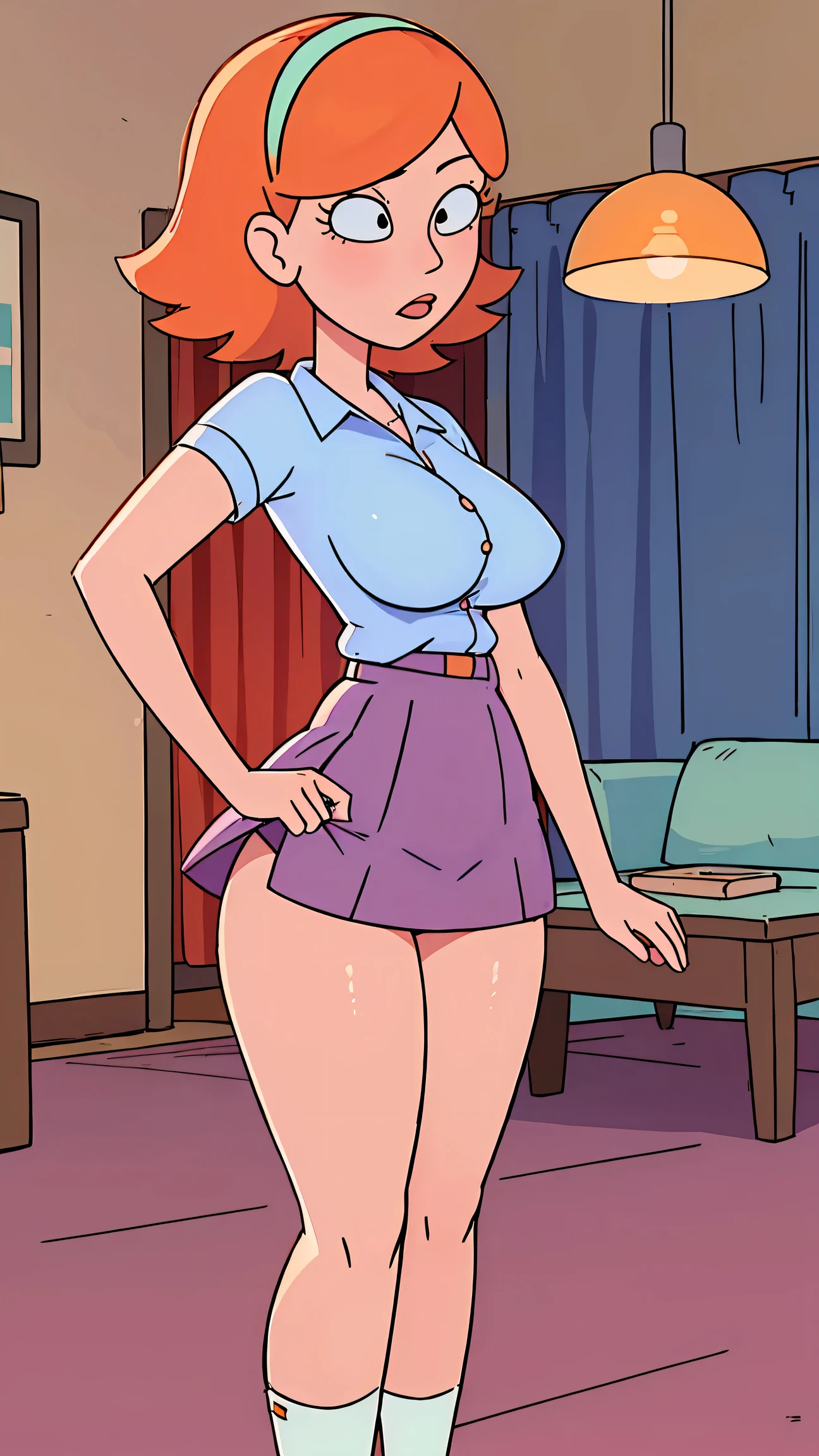 a girl sexy attractive beautiful cool popular short orange hair disheveled cut light red lip wears long light blue button shirt sensual curves and a short purple miniskirt pair short blue socks legs white heel she walking living room class, huge breasts, lifting skirt, tall