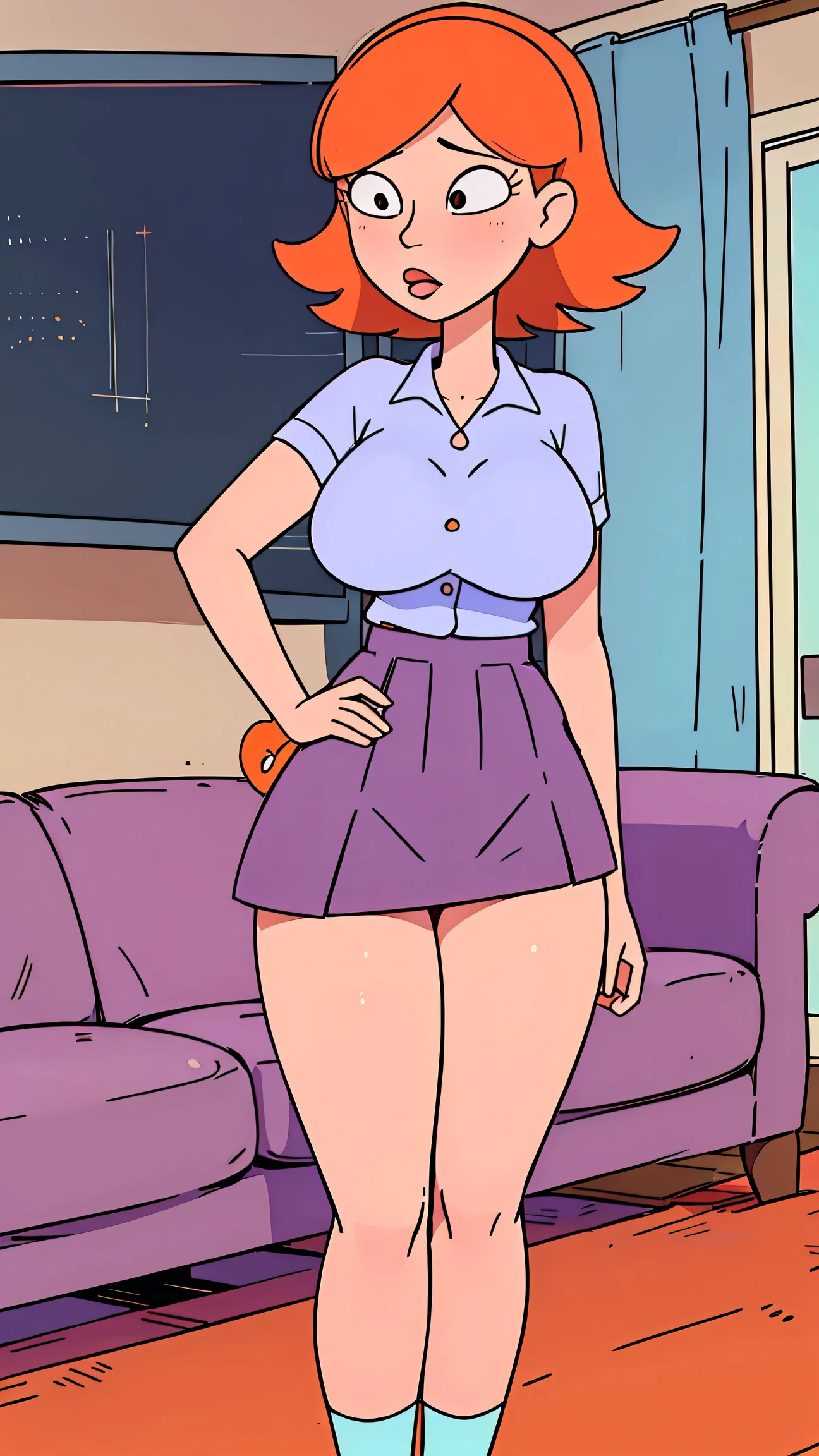 a girl sexy attractive beautiful cool popular short orange hair disheveled cut light red lip wears long light blue button shirt sensual curves and a short purple miniskirt pair short blue socks legs white heel she walking living room class, huge breasts, lifting skirt, tall