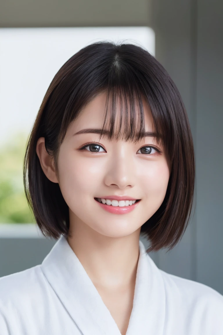 masterpiece, Highest quality, One Woman, (White bathrobe:1.2), 22 years old、(RAW Photos, Highest quality), (reality, Realistic:1.4), Clean look、Iris、very detailed eyes and face, Beautiful and detailed nose, beautiful eyes, Perfect Anatomy, Black short hair, bangs、Crystal skin, A cool smile、Face Focus