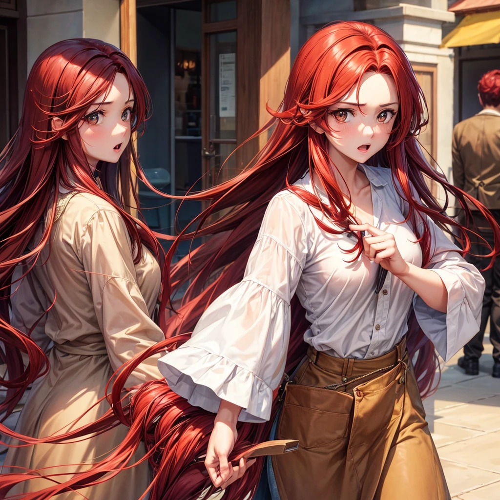 One with fair skin, brown eyes and long red hair. She looks surprised