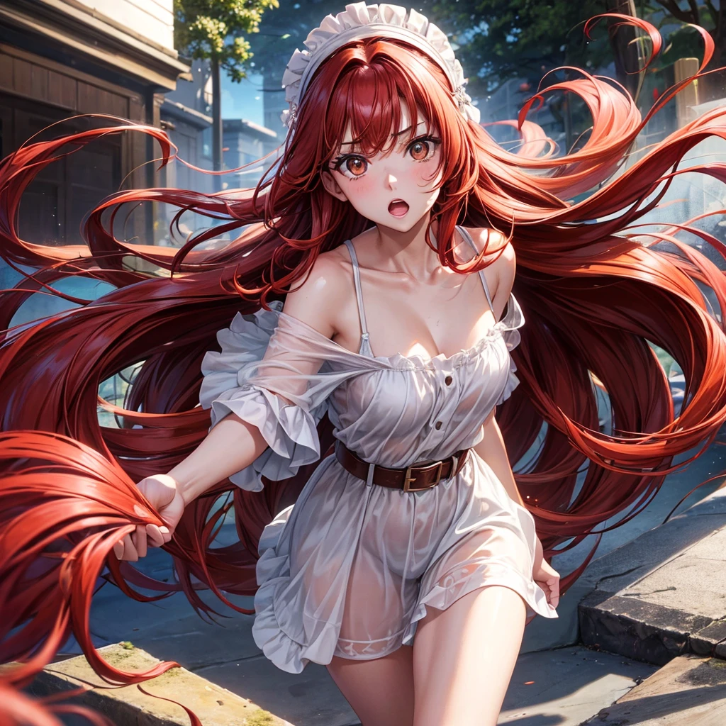 One with fair skin, brown eyes and long red hair. She looks surprised