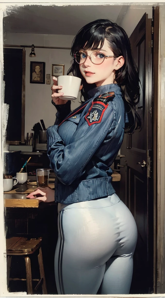 (masterpiece, best quality:1.4),  (modern days), (cowboy shot), 1girl, solo, pov, sfw,

stunning girlfriend, (standing:1.1), dynamic pose, (white oversized sweater, knit sweater:1.4), (tight yoga pants, dark grey yoga pants:1.4), (short navy blue jacket, denim jacket:1.4), long blonde hair, swept bangs, heart shaped face, elegant face, beautiful face, highly detailed face, highly detailed skin, skin pores, subsurface scattering, (detailed blue eyes), realistic pupils, large breast, loving smile, looking at viewer, full face blush, full lips, holding a single coffee cup, centered,

coffee shop in background, city street, sunny day, wind, detailed background, depth of field, atmospheric perspective, volumetric lighting, sharp focus,

absurdres, realistic proportions, good anatomy, (realistic, hyperrealistic:1.4), 16k h, beste-Qualit, Poses, Correct anatomy,Sketch Beech, Epic Poses, The clothes, pencil, Drawing,  Modest outfit, remote shot, detailed beautiful delicate face, detailed beautiful delicate eyes, perfect facial proportions, high-definition skin, fine skin, four-inch best ratio. With one thumb, a masterpiece, highly detailed, realistic, (World War II German general uniform reference : 1.8), the highest face resolution, adult, modestly dressed woman, dressed entirely, ( small, black hair, black straight bangs, super fine braids, straight bangs, red glasses, dark green eyes), future, science fiction, fighter plane, standing On the landing of a fighter plane, the government agency, a deep intelligent personality, a calm expression, a respectful face, a war, a fighter plane  (La mejor calidad:1.1), (Obra maestra:1.4), (absurdos:1.0), retrato, primer plano,1girl, Marinero Urano, KizukiAi, Mujer madura, small breasts, aqua eyes, cabello rubio, Uniforme Sailor Senshi, Collar de marinero, arco de pecho, Arco trasero, Falda suplicante, Guantes blancos de codo, Acostado boca abajo, en el suelo, con el trasero en alto, mostrando el culo de espaldas, without looking back