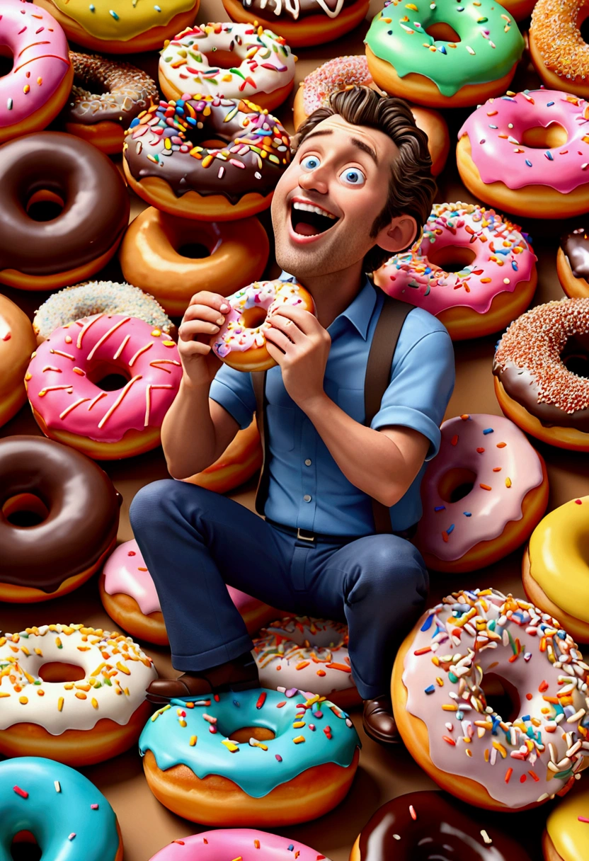 (Eating Donuts), rococo style portrait oil painting with elegant and ornate details, pink accents and pastel colors, full body, award-winning, cinematic still, emotional, vignette, dynamic, vivid, (masterpiece, best quality, photorealistic, Professional, perfect composition, very aesthetic, absurdres, ultra-detailed, intricate details:1.3)