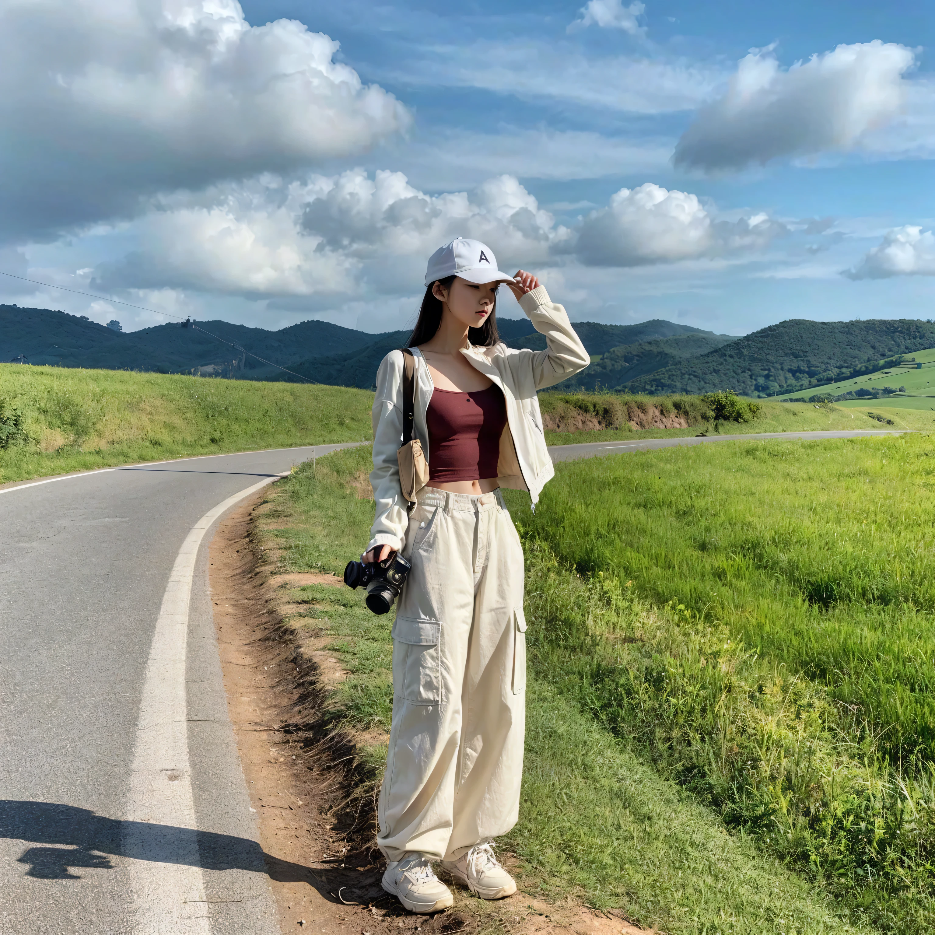 In a picturesque setting, a young korean woman stands on the edge of a rural road, surrounded by lush green fields and rolling hills under a partly cloudy sky. She is dressed in a white jacket brown tanktop, beige cargo pants, and white sneakers, and she holds a camera, suggesting a love for photography. A white cap with the letter "A" shields her eyes from the sun as she gazes into the distance. The vibrant green grass and distant hills create a tranquil and inviting backdrop