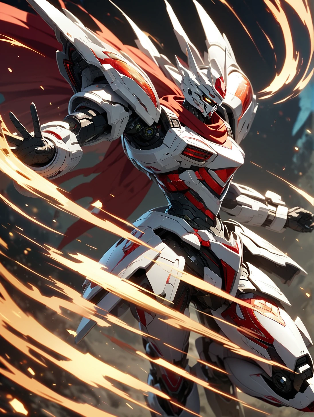 8K resolution, ((highest quality)), ((masterpiece)), ((super detailed)), (very delicate and beautiful), Kamen Rider, Hero, ((Wearing white armor))), with black red armor, wearing a red scarf, A red scarf is waving in the wind, special effects, cool, whole body, dynamic poses,(( close up)), male, man