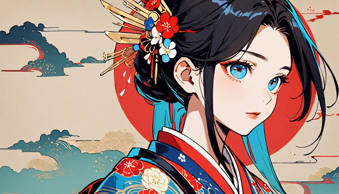 (((1 girl))), (((Red and Blue))), (((Very flashy hair accessories))), (((Very fancy kimono))), Japanese style headphones, face close-up, Japanese Beauty, Black Hair, Delicate and precise, Modern ukiyo-e style, vivid color