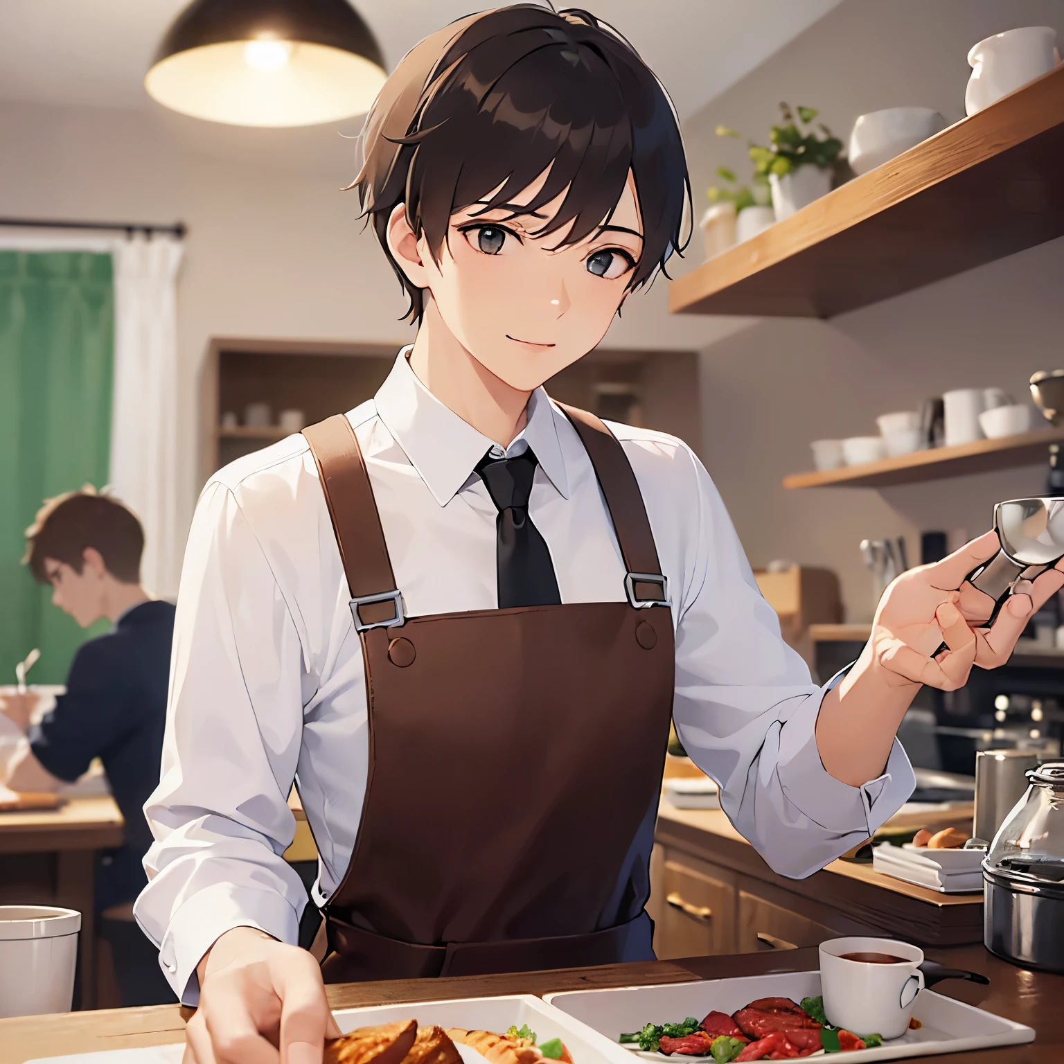 BREAK (25-year-old male:1.5) and (Mahogany brown short hair) and (Green Eyes)
 BREAK (white collared shirt) 、apron、upper body、(looking away:1.5),Side shot、
masterpiece、Highest quality、
smile,sautéing、Are standing、The background is the kitchen at night、（Night Sky：1.5）alone、Upper body is shown、