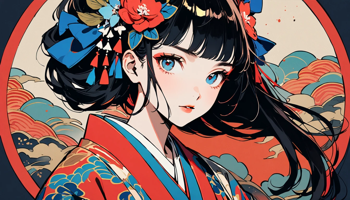 (((1 girl))), (((Red and Blue))), (((Very flashy hair accessories))), (((Very fancy kimono))), Japanese style headphones, face close-up, Japanese Beauty, Black Hair, Delicate and precise, Modern ukiyo-e style, vivid color