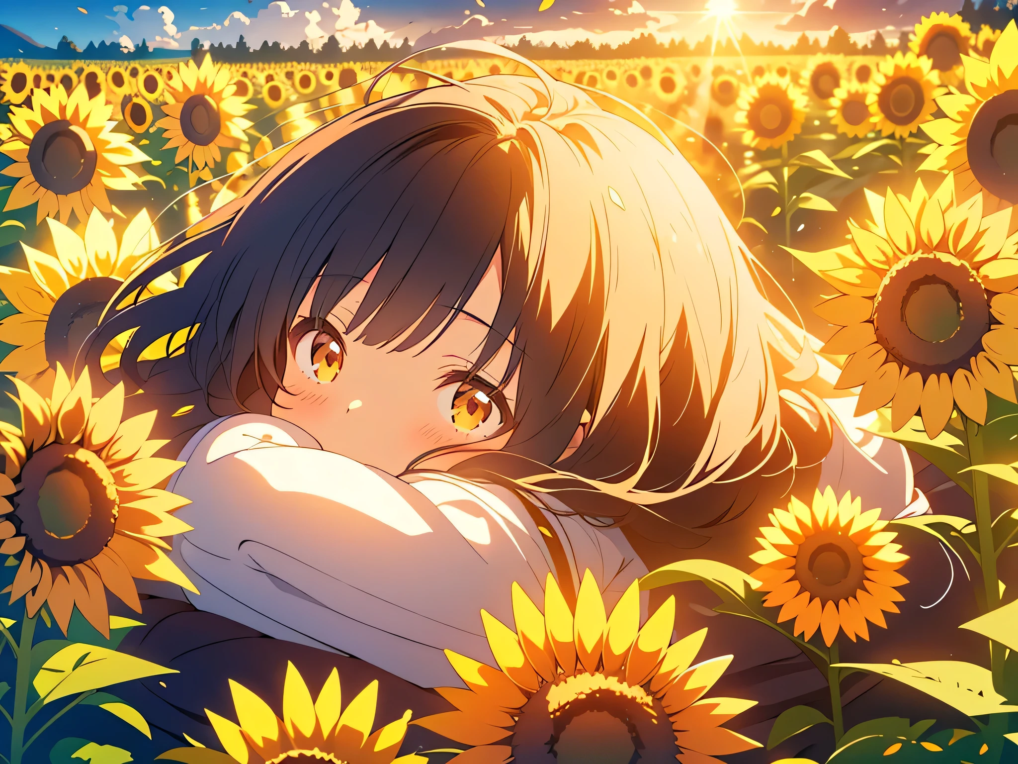 kawaii, anime, Cute, hyper quality, highly detailed, 8k, Clarity, Draw facial expressions in detail, dark brown long hair girl, sunflower, sunflower field, lie down, close both eyes, Good night, gentle sunlight, The wind blows through, Sunflower petals are dancing, Landscape, 	