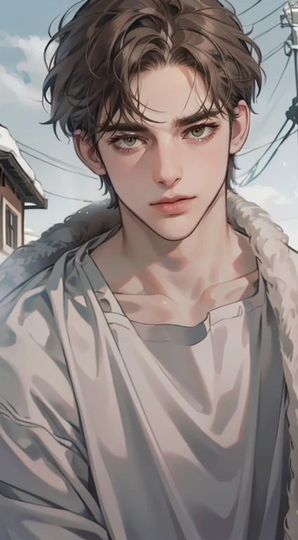 masterpiece, best quality, realistic, 1man, mature male, quiet and charming  man, 35 years old, close his eyes, serious, closed mouth, extremely detailed face, cold, ((dark grey blue eyes)), ((short-right-swept dark gray brown hair)), [thick eyebrows], ((hunter)), accurate, detailed, ((town))