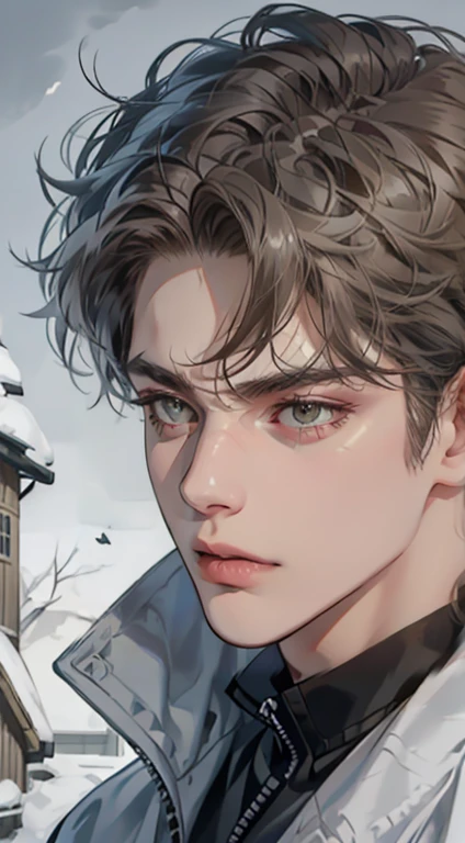 masterpiece, best quality, realistic, 1man, mature male, quiet and charming  man, 35 years old, close his eyes, serious, closed mouth, extremely detailed face, cold, ((dark grey blue eyes)), ((short-right-swept dark gray brown hair)), [thick eyebrows], ((hunter)), accurate, detailed, ((town))