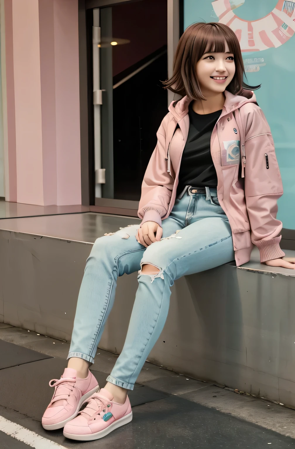 Chiaki Nanami in casual clothes at the shopping mall, Pink Short Hair, Pink Eyes, fringe, Teal hooded jacket, smile、Looking into the camera, 20-year-old girl, , Olive green blouse, Skinny jeans、sneakers、,chiaki nanami, Nanami Chiaki