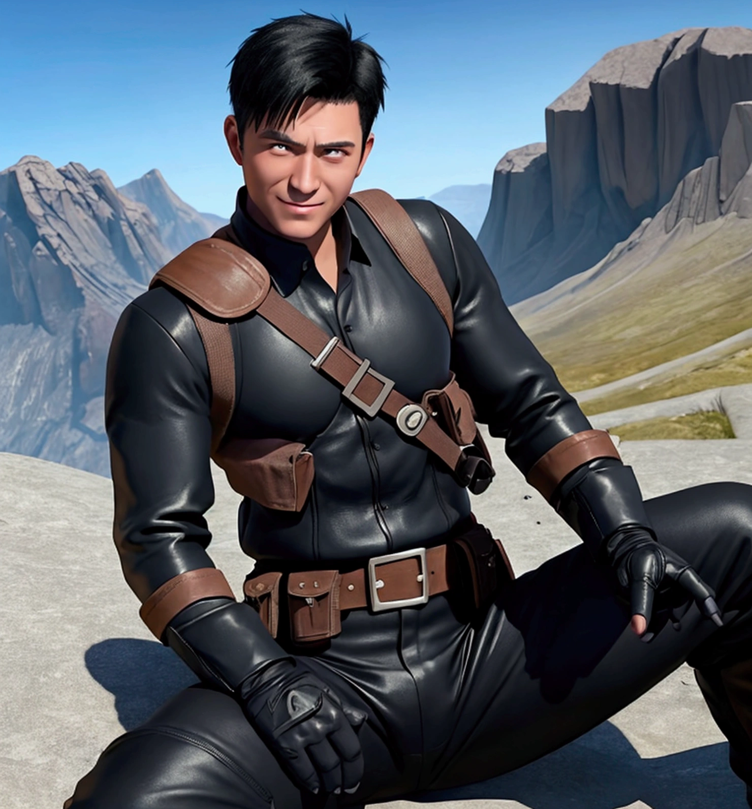 40 years old,One Man,、logic肉質、Black bodysuit、Black Shocker Belt、Cliff in the mountains、Combatant、Black leather gloves、logic,Gay ,Black Hair、Very short hair。Sit with your legs wide open、The crotch area of the pants is bulging、The crotch area of the pants is bulging、Manly handsome man、Faces of the Turks、Hold a gun、Combat pose smile looking at the camera Make the pupil slightly larger