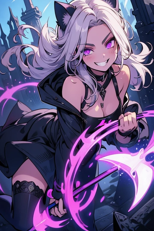 Perfect face. Perfect hands. A young silver haired woman with violet eyes and silver cat ears and a silver cat tail in a Gothic sweatshirt dress is spinning her scythe with a big smile in a cemetery
