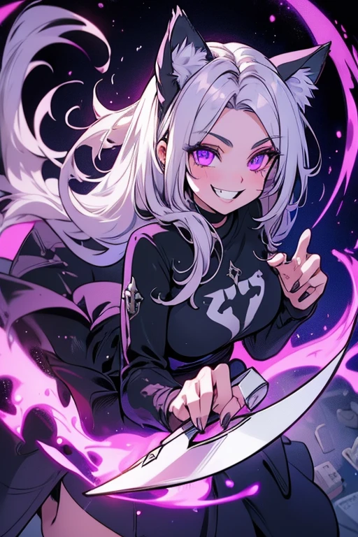 Perfect face. Perfect hands. A young silver haired woman with violet eyes and silver cat ears and a silver cat tail in a Gothic sweatshirt dress is spinning her scythe with a big smile in a cemetery
