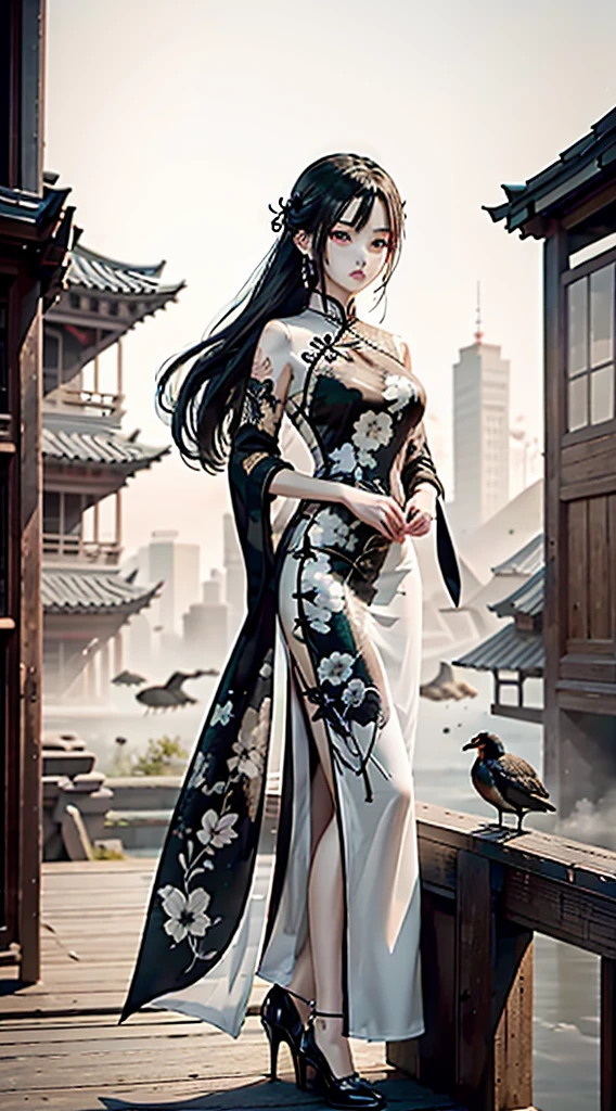 ink and watercolor painting,ink,water ink,(black, White and gray:1.5),(Cheongsam beauty:1.4),Modern cheongsam,high-heels,the setting sun,Wild geese in the sky in the distance,Ancient buildings are scattered,Works of masters,super-fine,high qulity,8K resolution