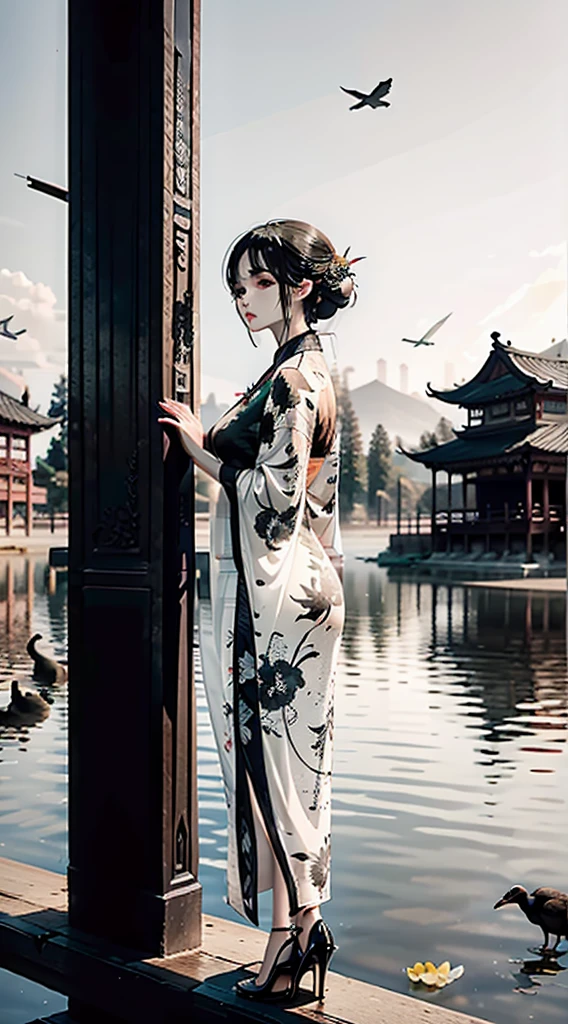 ink and watercolor painting，ink，water ink，（black, White and gray：1.5），（Cheongsam beauty：1.4），Modern cheongsam，high-heels，the setting sun，Wild geese in the sky in the distance，Ancient buildings are scattered，Works of masters，super-fine，high qulity，8K resolution