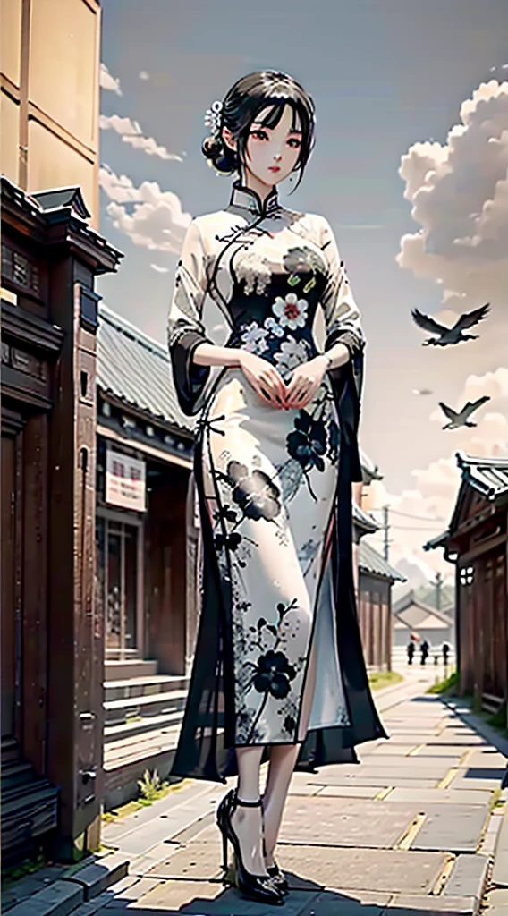 ink and watercolor painting,ink,water ink,(black, White and gray:1.5),(Cheongsam beauty:1.4),Modern cheongsam,high-heels,the setting sun,Wild geese in the sky in the distance,Ancient buildings are scattered,Works of masters,super-fine,high qulity,8K resolution