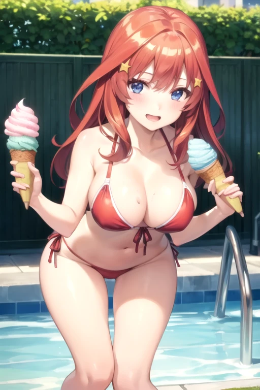 ((hdr, highest resolution, best quality, beautiful, raw image)),1girl, , red hair, star hair ornament , (blushing:1.1), smiling, blue eyes, full body, slender, (large breasts), thighs, red bikini wear,  outdoor pool side,, (((have ice cream))), (((open mouth))),(put one's hand over one's mouth ),
