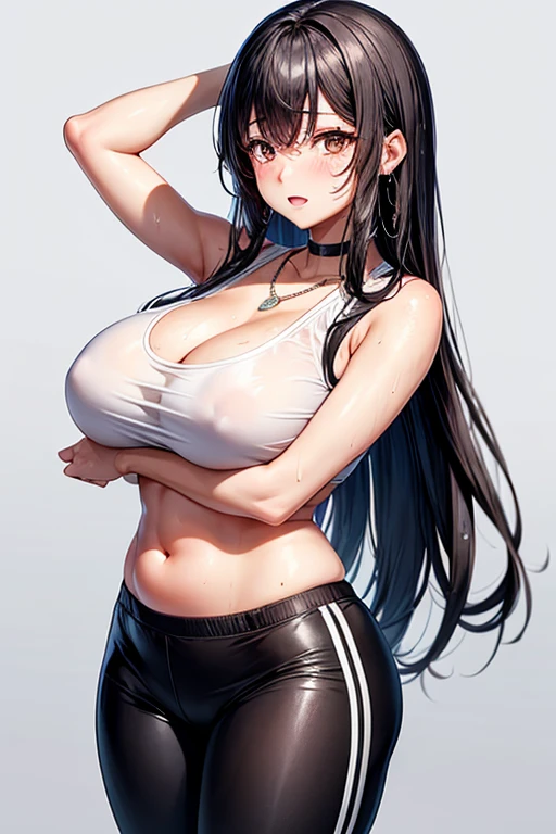 Kaori, Single model, solo, half Asian, half Latino, very long straight black hair, freckles, blushing, wet eyes, long chain pendant, very large heavy breasts, chubby, belly, stretchmarks, sports bra, parachute pants