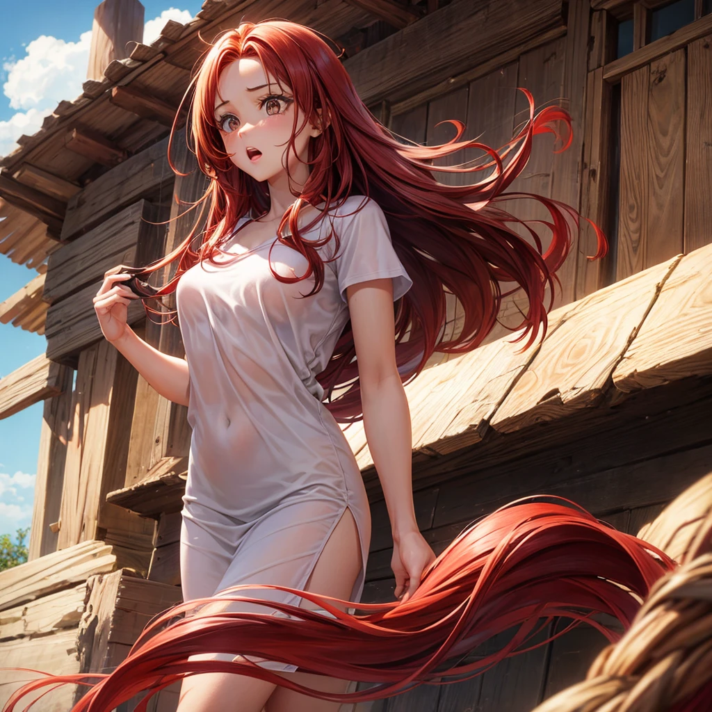 One with fair skin, brown eyes and long red hair. She looks surprised